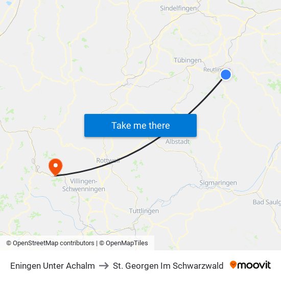 Eningen Unter Achalm to St. Georgen Im Schwarzwald map