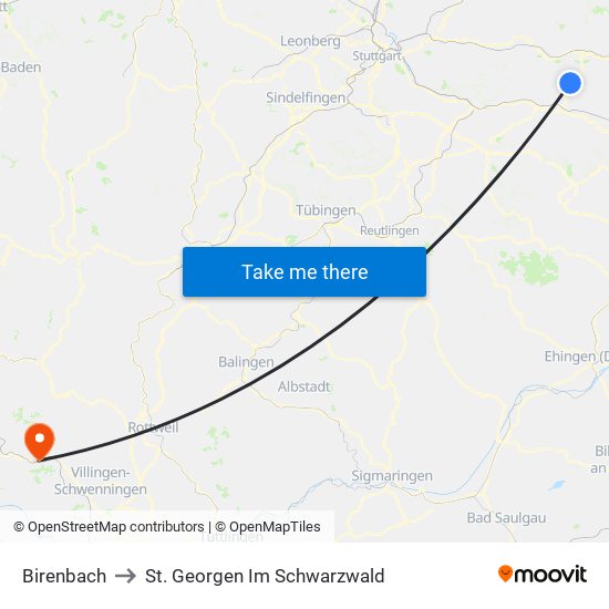 Birenbach to St. Georgen Im Schwarzwald map