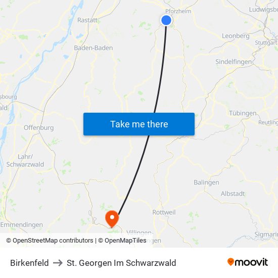 Birkenfeld to St. Georgen Im Schwarzwald map