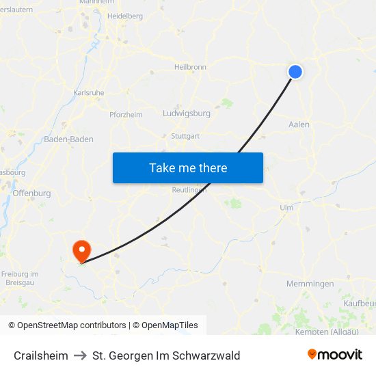 Crailsheim to St. Georgen Im Schwarzwald map