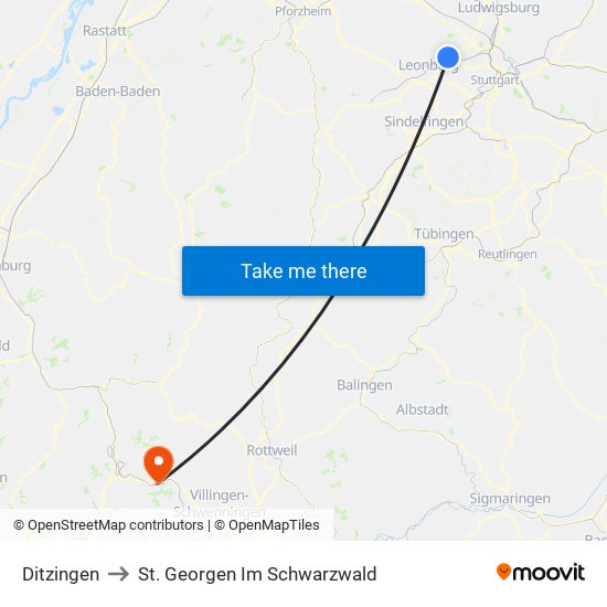 Ditzingen to St. Georgen Im Schwarzwald map