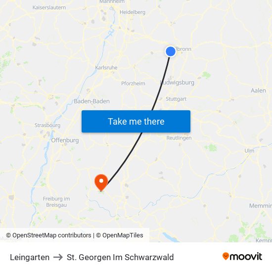 Leingarten to St. Georgen Im Schwarzwald map