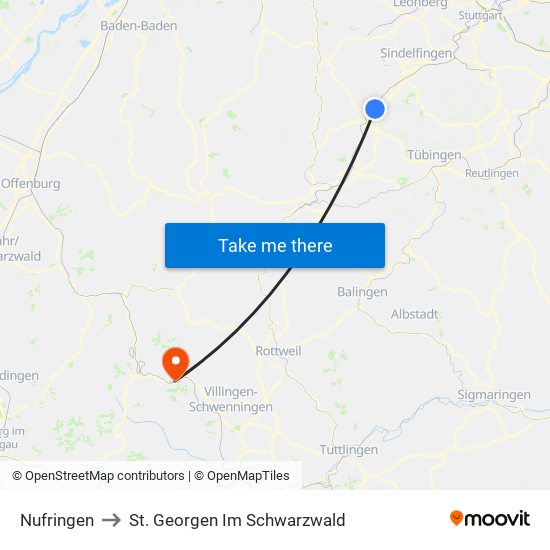 Nufringen to St. Georgen Im Schwarzwald map