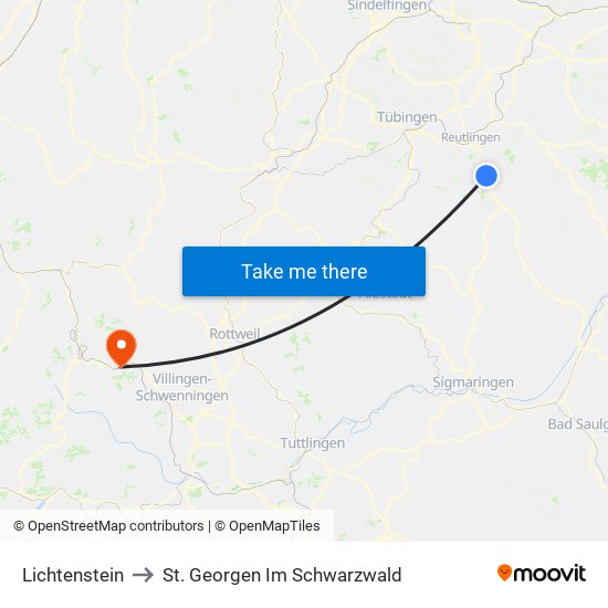 Lichtenstein to St. Georgen Im Schwarzwald map