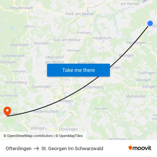 Ofterdingen to St. Georgen Im Schwarzwald map