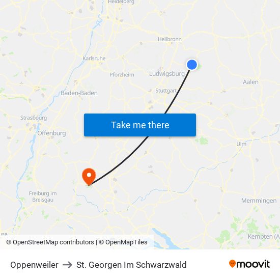 Oppenweiler to St. Georgen Im Schwarzwald map