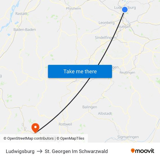 Ludwigsburg to St. Georgen Im Schwarzwald map