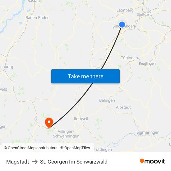 Magstadt to St. Georgen Im Schwarzwald map