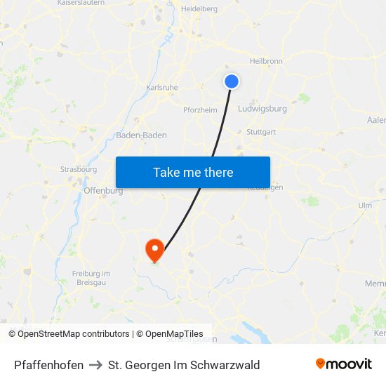 Pfaffenhofen to St. Georgen Im Schwarzwald map