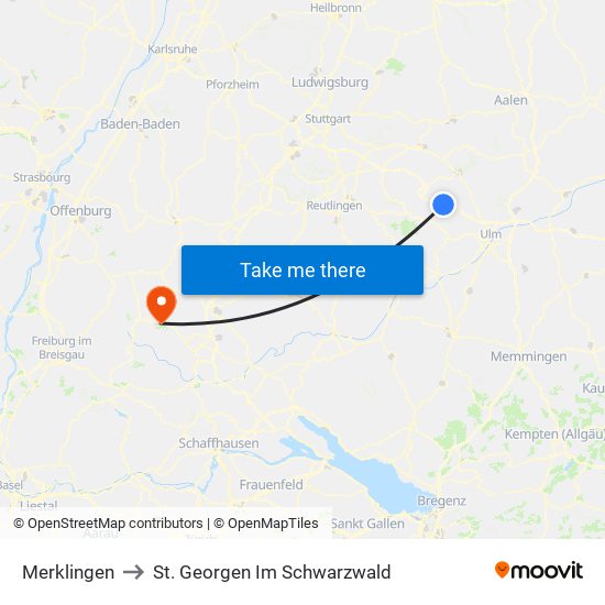 Merklingen to St. Georgen Im Schwarzwald map