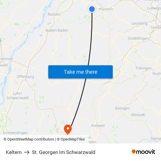 Keltern to St. Georgen Im Schwarzwald map