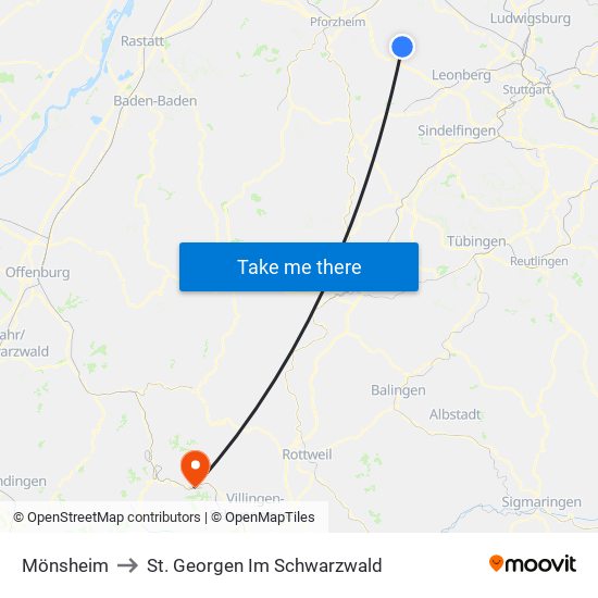 Mönsheim to St. Georgen Im Schwarzwald map