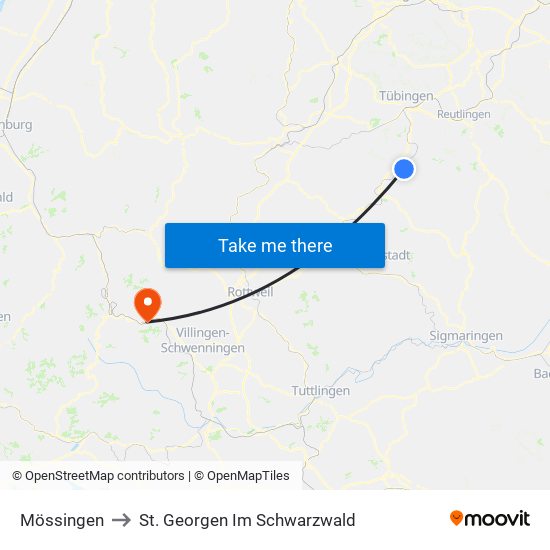 Mössingen to St. Georgen Im Schwarzwald map