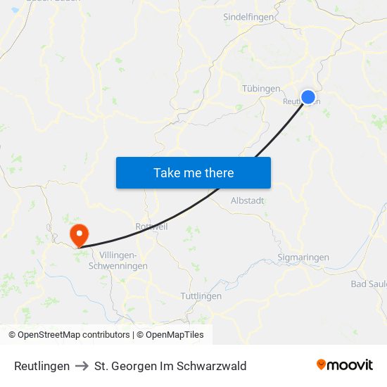 Reutlingen to St. Georgen Im Schwarzwald map