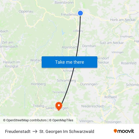 Freudenstadt to St. Georgen Im Schwarzwald map