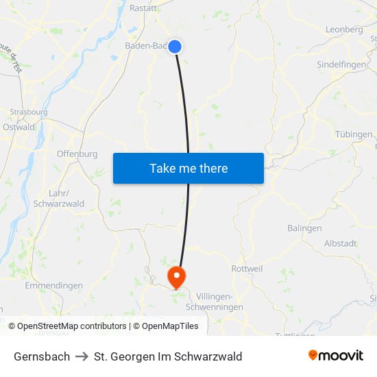 Gernsbach to St. Georgen Im Schwarzwald map