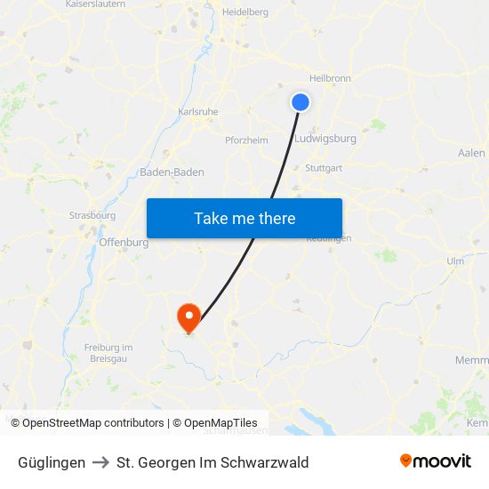 Güglingen to St. Georgen Im Schwarzwald map