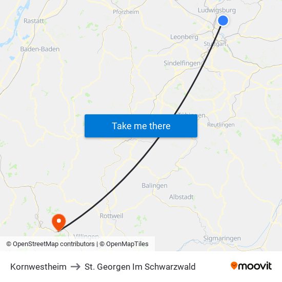 Kornwestheim to St. Georgen Im Schwarzwald map