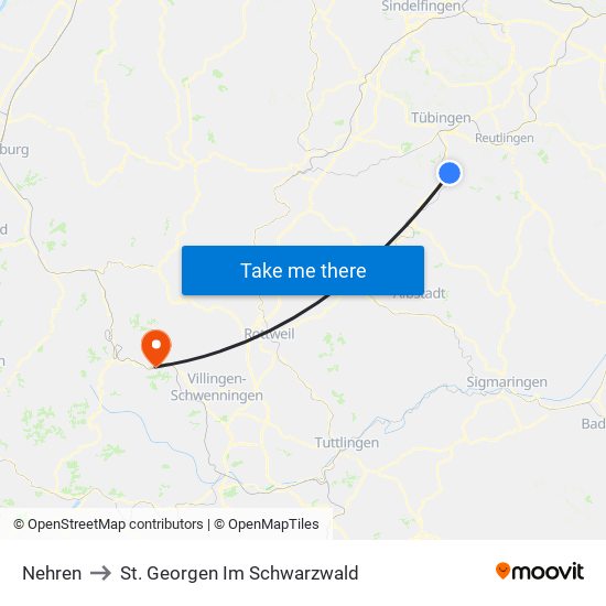 Nehren to St. Georgen Im Schwarzwald map