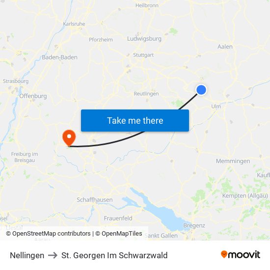 Nellingen to St. Georgen Im Schwarzwald map