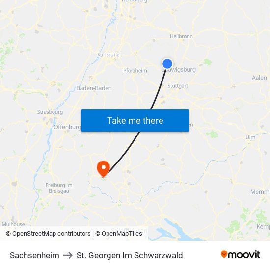 Sachsenheim to St. Georgen Im Schwarzwald map