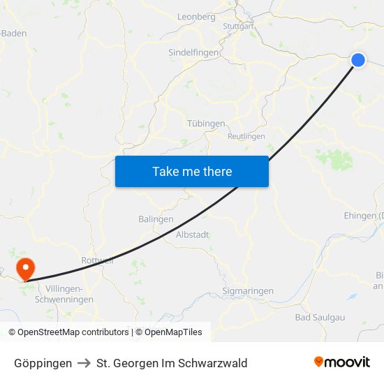 Göppingen to St. Georgen Im Schwarzwald map