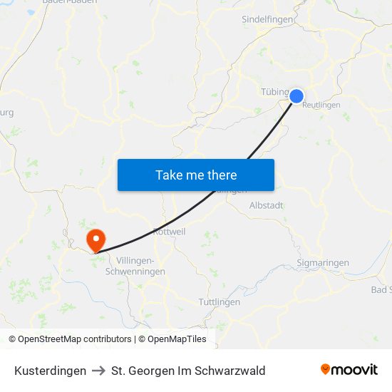 Kusterdingen to St. Georgen Im Schwarzwald map