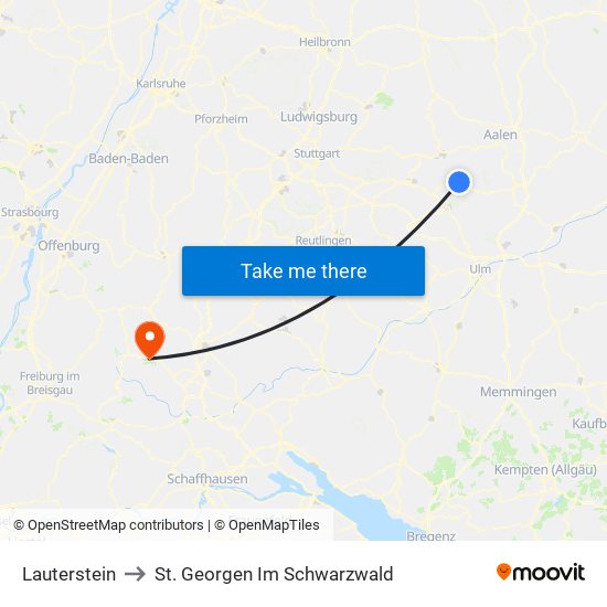 Lauterstein to St. Georgen Im Schwarzwald map