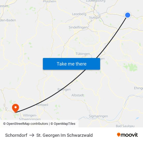 Schorndorf to St. Georgen Im Schwarzwald map