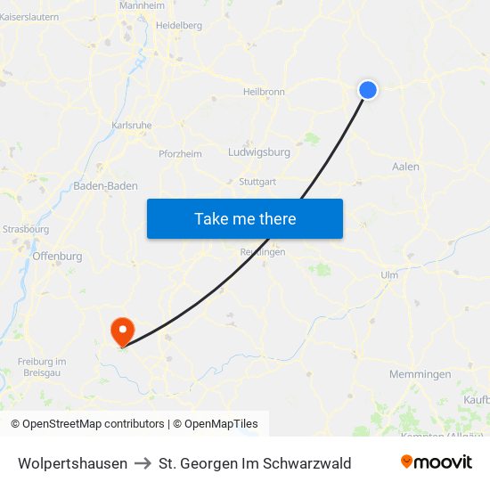 Wolpertshausen to St. Georgen Im Schwarzwald map