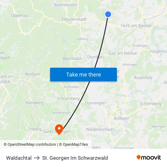 Waldachtal to St. Georgen Im Schwarzwald map