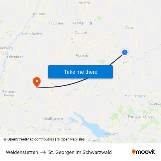 Weidenstetten to St. Georgen Im Schwarzwald map