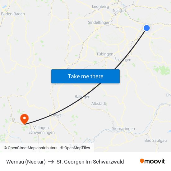 Wernau (Neckar) to St. Georgen Im Schwarzwald map