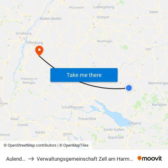 Aulendorf to Verwaltungsgemeinschaft Zell am Harmersbach map