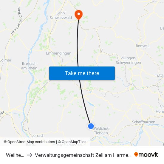 Weilheim to Verwaltungsgemeinschaft Zell am Harmersbach map