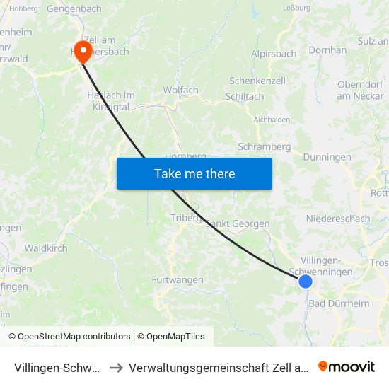 Villingen-Schwenningen to Verwaltungsgemeinschaft Zell am Harmersbach map