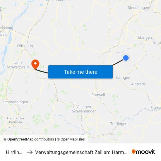 Hirrlingen to Verwaltungsgemeinschaft Zell am Harmersbach map
