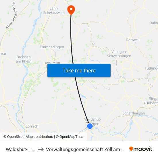 Waldshut-Tiengen to Verwaltungsgemeinschaft Zell am Harmersbach map
