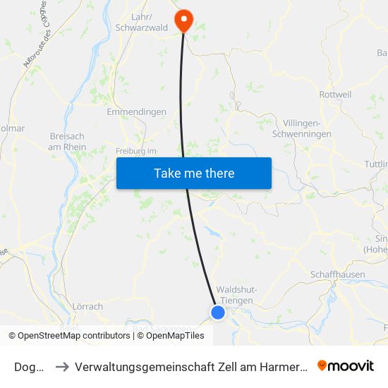 Dogern to Verwaltungsgemeinschaft Zell am Harmersbach map