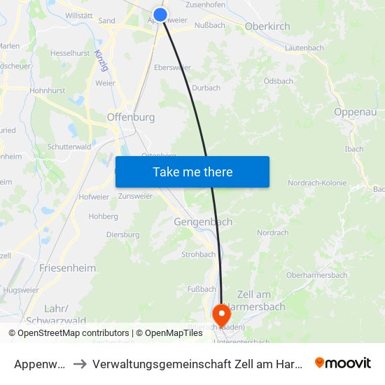 Appenweier to Verwaltungsgemeinschaft Zell am Harmersbach map