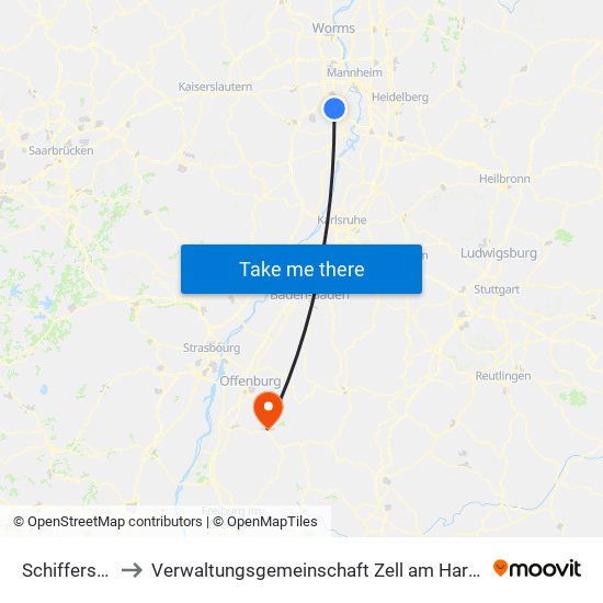 Schifferstadt to Verwaltungsgemeinschaft Zell am Harmersbach map