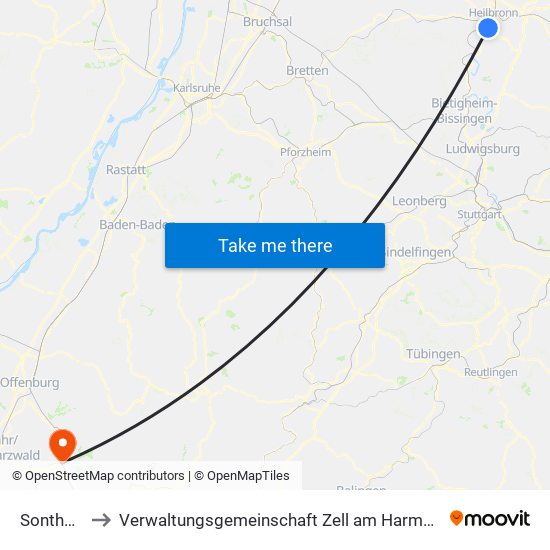 Sontheim to Verwaltungsgemeinschaft Zell am Harmersbach map