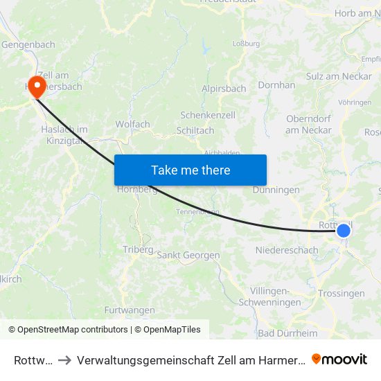 Rottweil to Verwaltungsgemeinschaft Zell am Harmersbach map