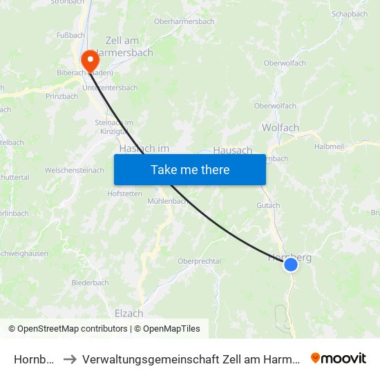 Hornberg to Verwaltungsgemeinschaft Zell am Harmersbach map