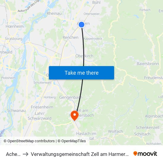 Achern to Verwaltungsgemeinschaft Zell am Harmersbach map