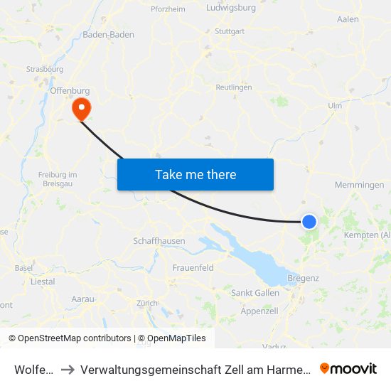 Wolfegg to Verwaltungsgemeinschaft Zell am Harmersbach map