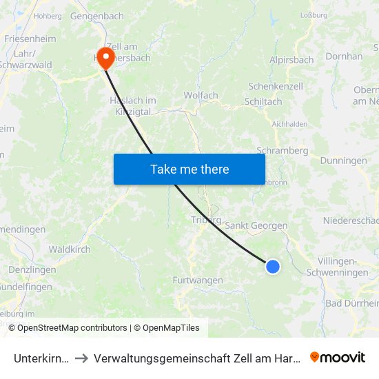 Unterkirnach to Verwaltungsgemeinschaft Zell am Harmersbach map