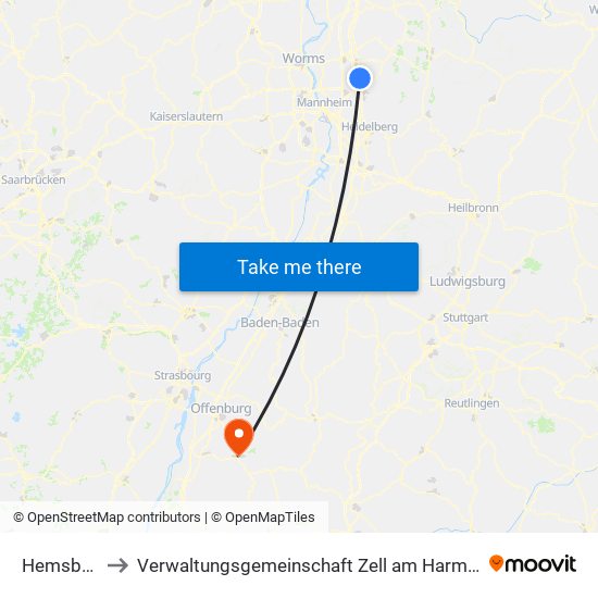 Hemsbach to Verwaltungsgemeinschaft Zell am Harmersbach map