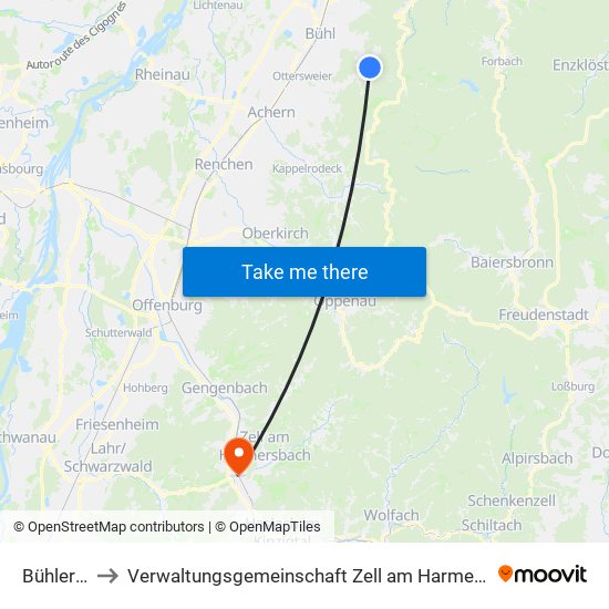 Bühlertal to Verwaltungsgemeinschaft Zell am Harmersbach map