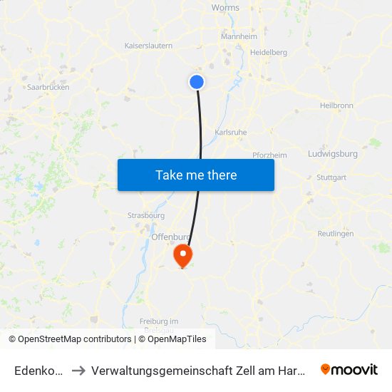 Edenkoben to Verwaltungsgemeinschaft Zell am Harmersbach map